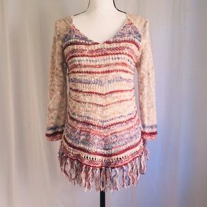 American Rag Crochet V-Neck Fringed Sweater